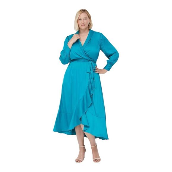 Lane Bryant Blouson Sleeve Shawl Collar Faux Wrap Midi Dress New With Tags - Picture 2 of 7